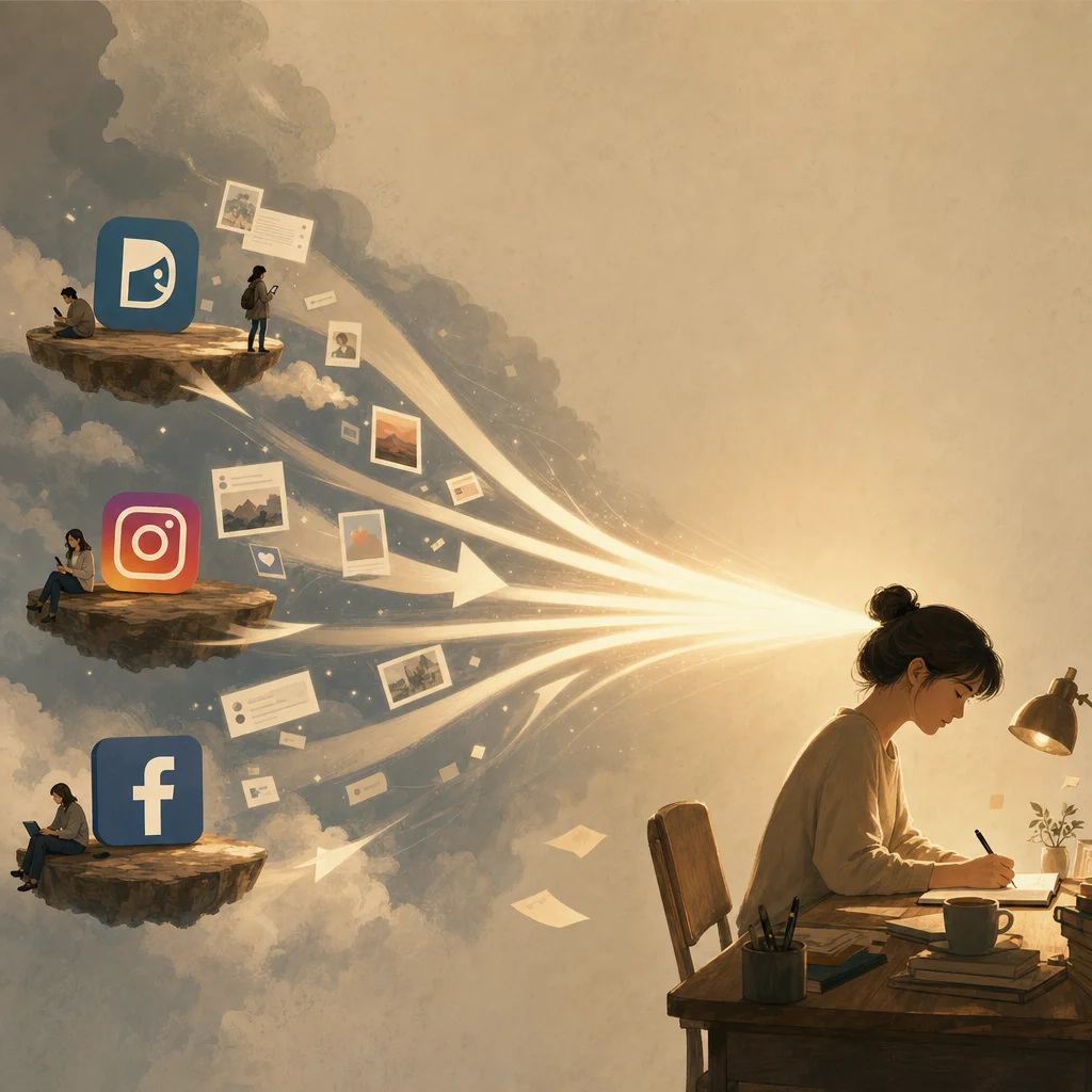 一位寫作者從多個分散的平台箭頭（Dcard、IG、FB）轉變為一道集中的光束，象徵從多平台曝光策略轉為集中火力產文