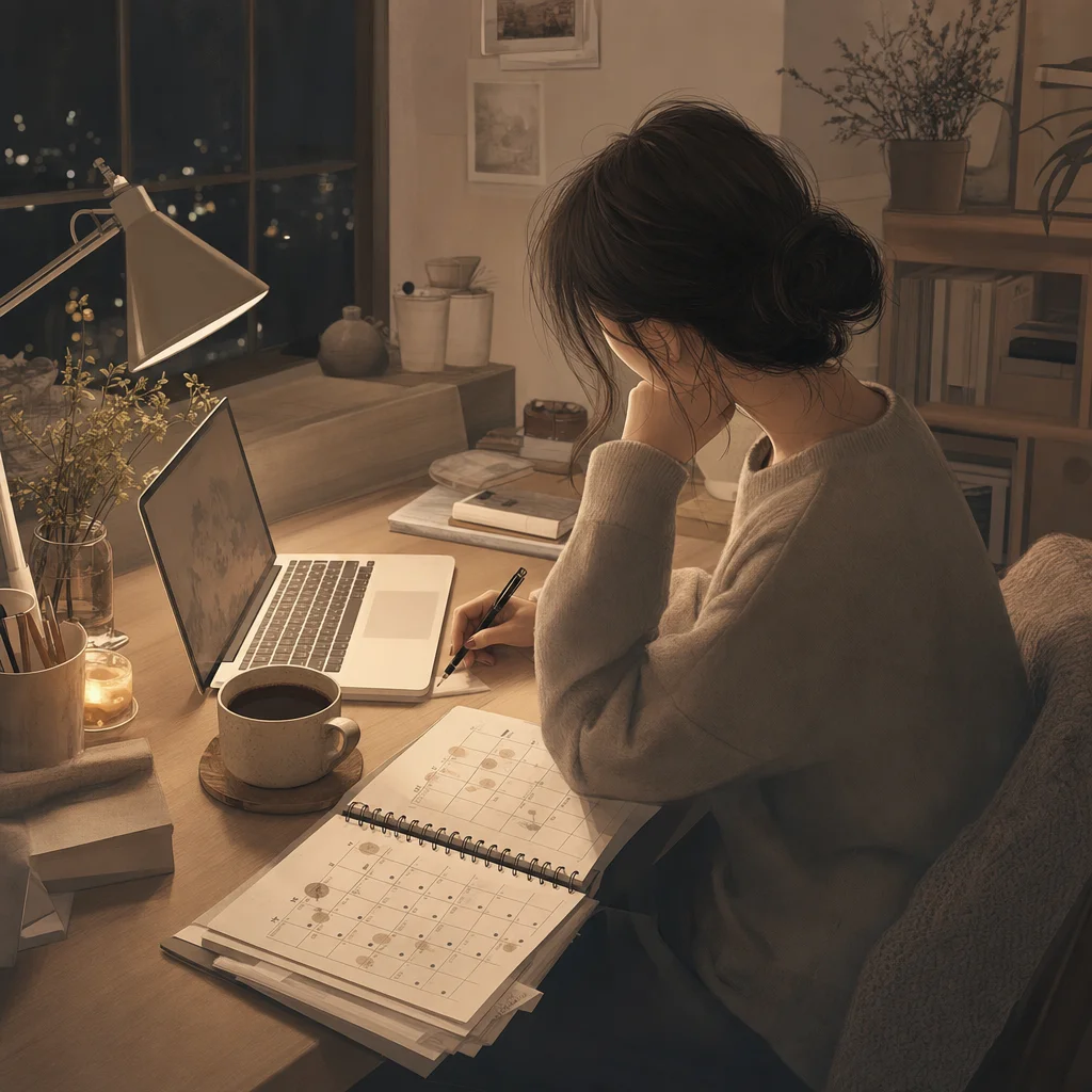一位部落客在深夜寧靜的書桌前，桌上有筆記型電腦、咖啡杯和手寫行事曆，顯示兩個月的成長軌跡